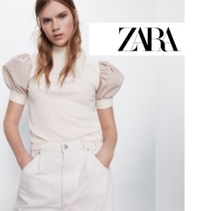 ZARA PUFF SLEEVE T-SHIRT RIBBED MOCK CREAM BLOGGERES FAVORITE